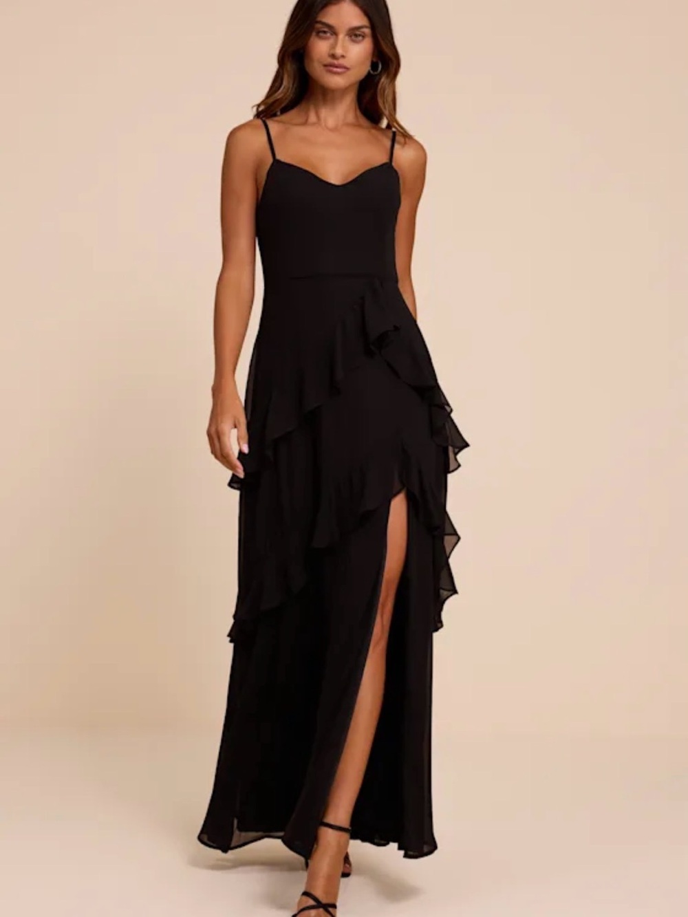 Lulu's Black Ruffle Maxi Dress with High Slit